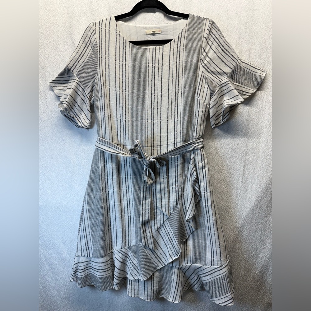 Milkmaid Le Lis Grey & White Striped Mini Dress Easy to Wear Casual | Ruffle